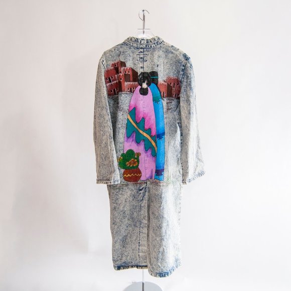 80s Acid Wash Hand Painted Southwestern Duster L L - Picture 9 of 11